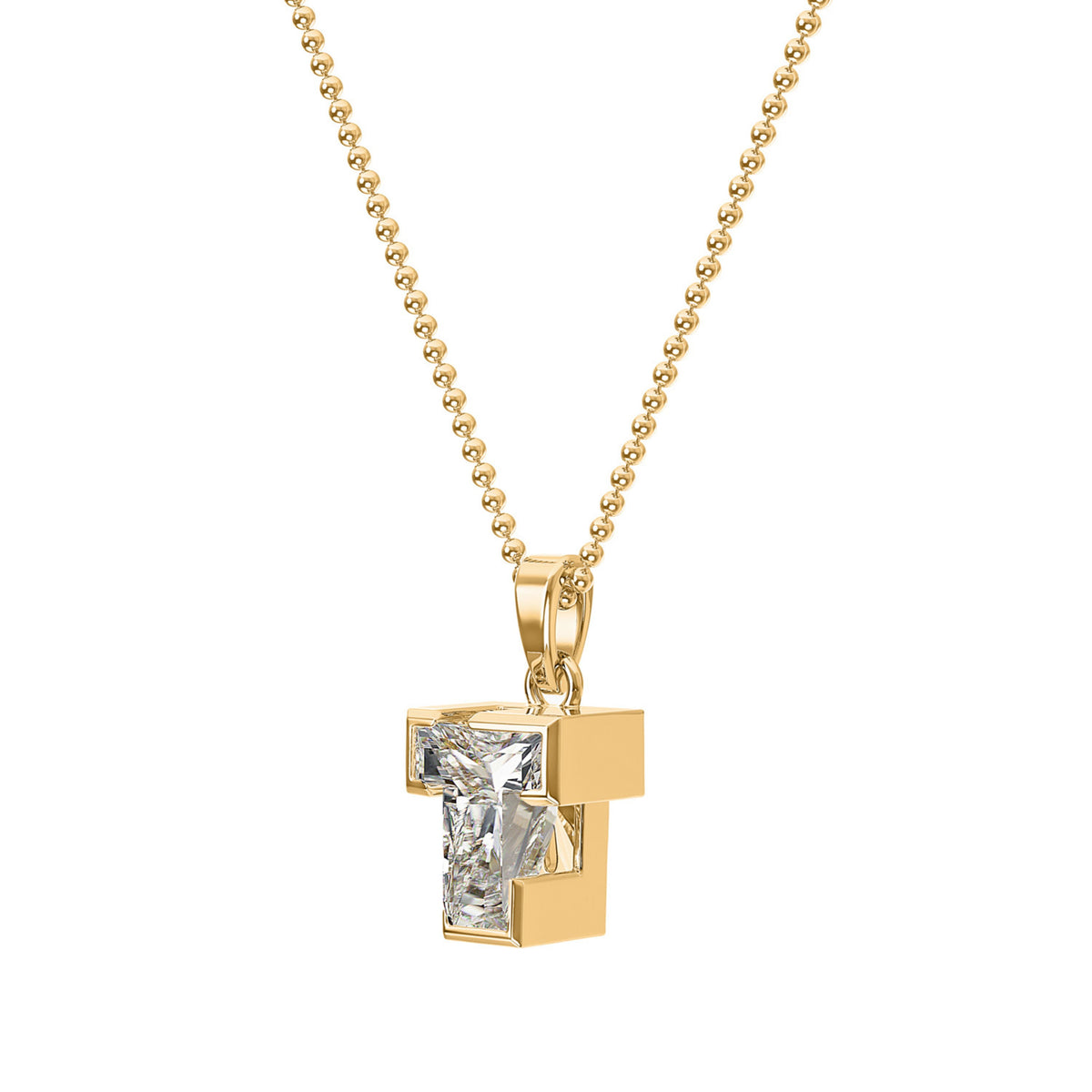 18k Yellow Gold Type Lab Grown Diamond Initial T Pendant with Ball Chain