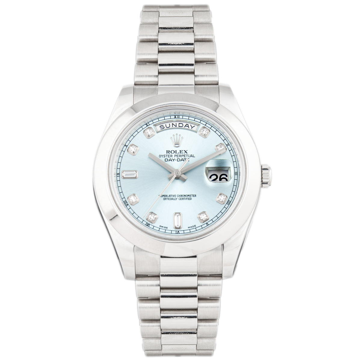 Rolex Day-Date II Platinum President Ice Blue Dial Diamonds 41mm 218206 Full Set