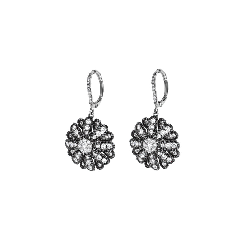 14K White Gold White & Black Diamond Flower Earrings