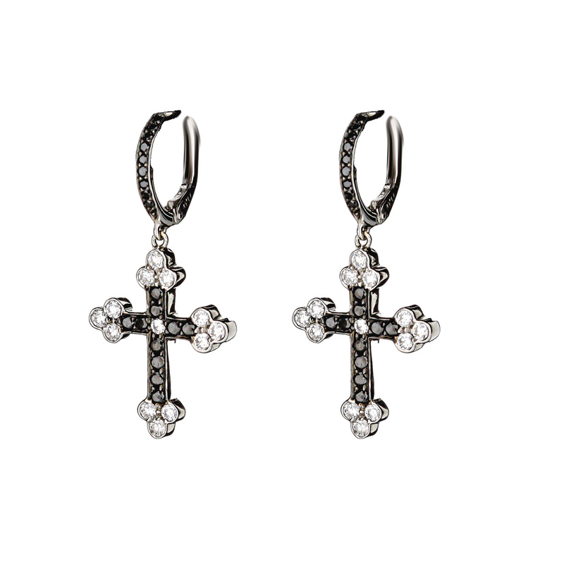 18K White Gold Black & White Diamond Fleur-De-Lis Cross Earrings