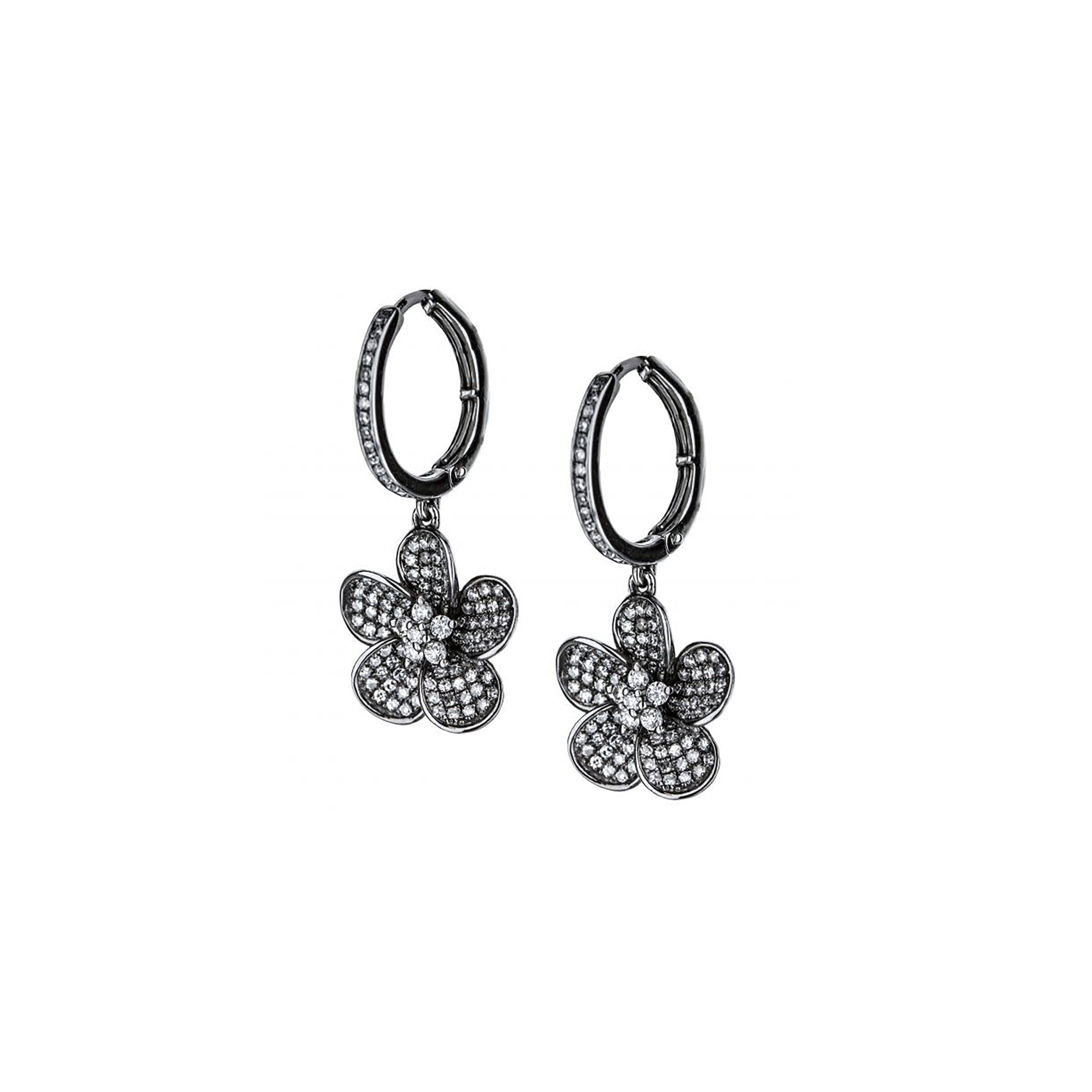 14K Black Pave Diamond Flower Drop Earrings