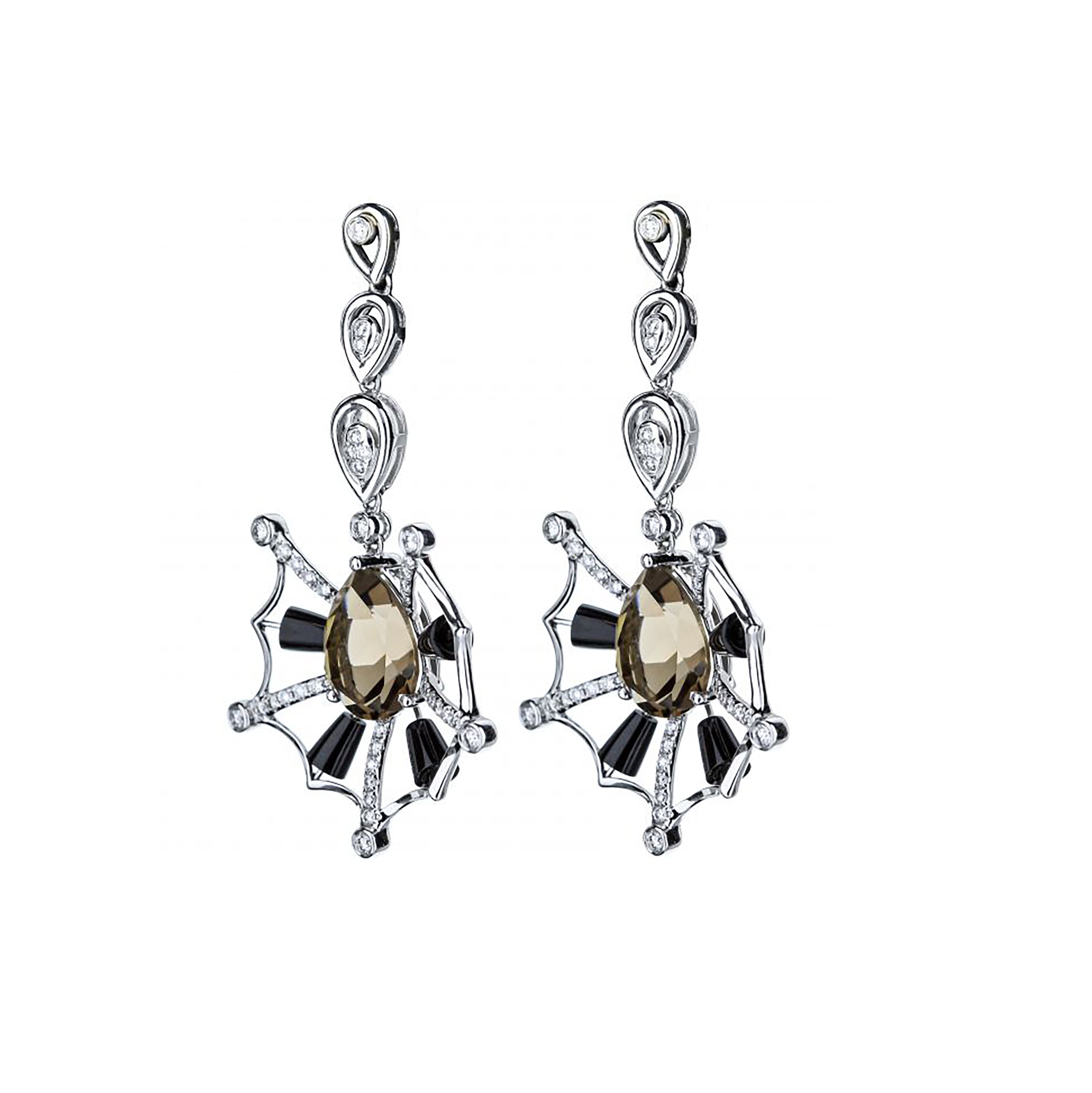 18K White Gold Smokey Quartz  White Diamond And Black Jade Bead Art Deco Web Style Drop Earrings