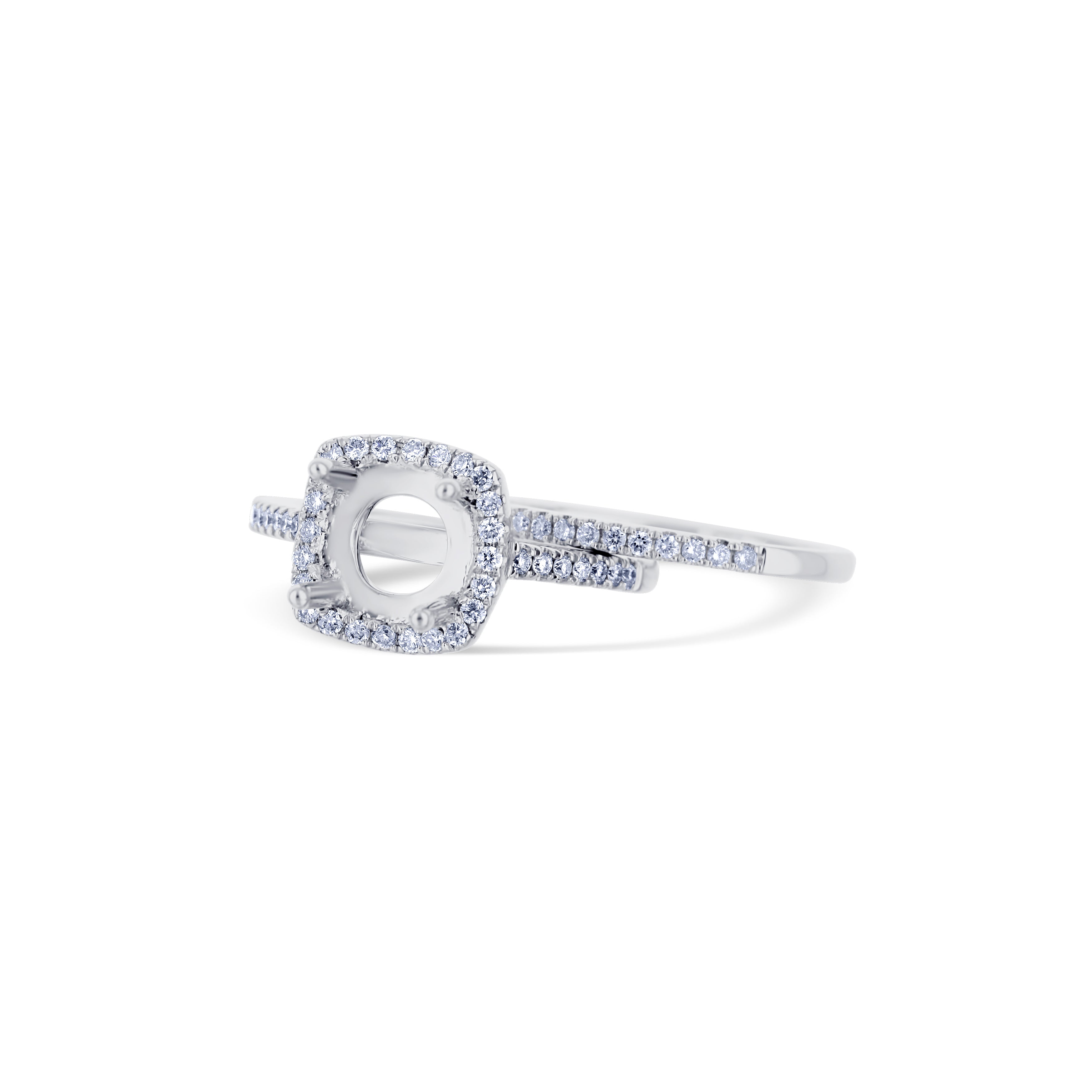 18K White Gold Diamond Square Halo Bridal Set Of Mounting & Band For A Round Center Diamond