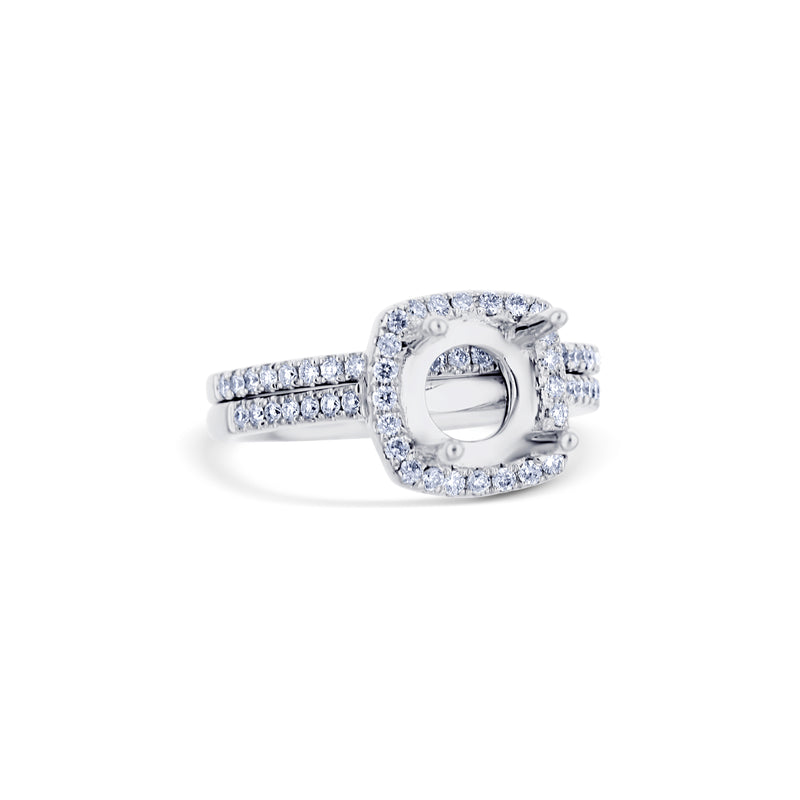 18K White Gold Diamond Square Halo Bridal Set Of Mounting & Band For A Round Center Diamond
