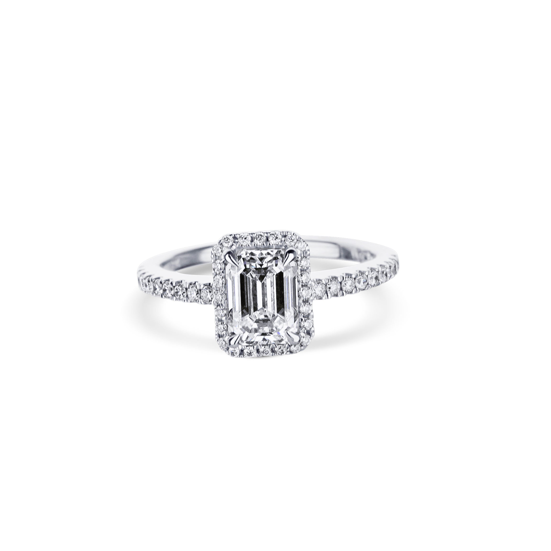 18K White Gold Emerald Cut Diamond Halo Engagement Ring