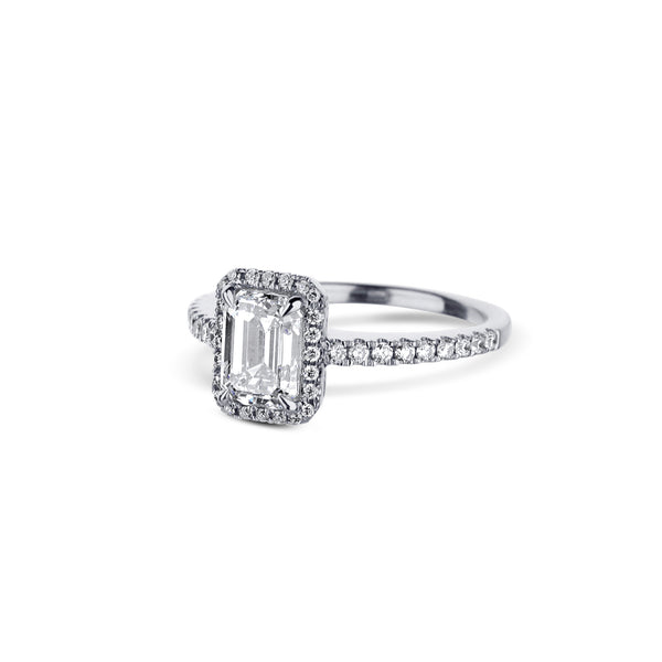 18K White Gold Emerald Cut Diamond Halo Engagement Ring