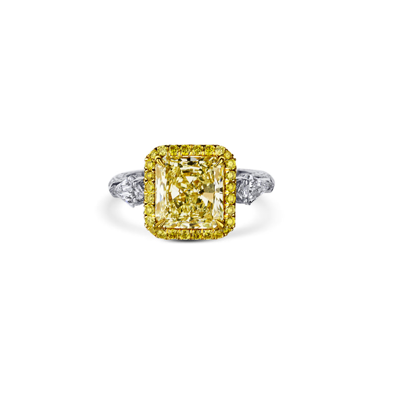 Fancy Light Yellow Radiant Diamond Halo Platinum Engagement Ring With Accent Kite-Cuts