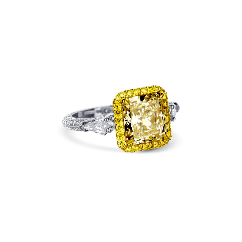 Fancy Light Yellow Radiant Diamond Halo Platinum Engagement Ring With Accent Kite-Cuts