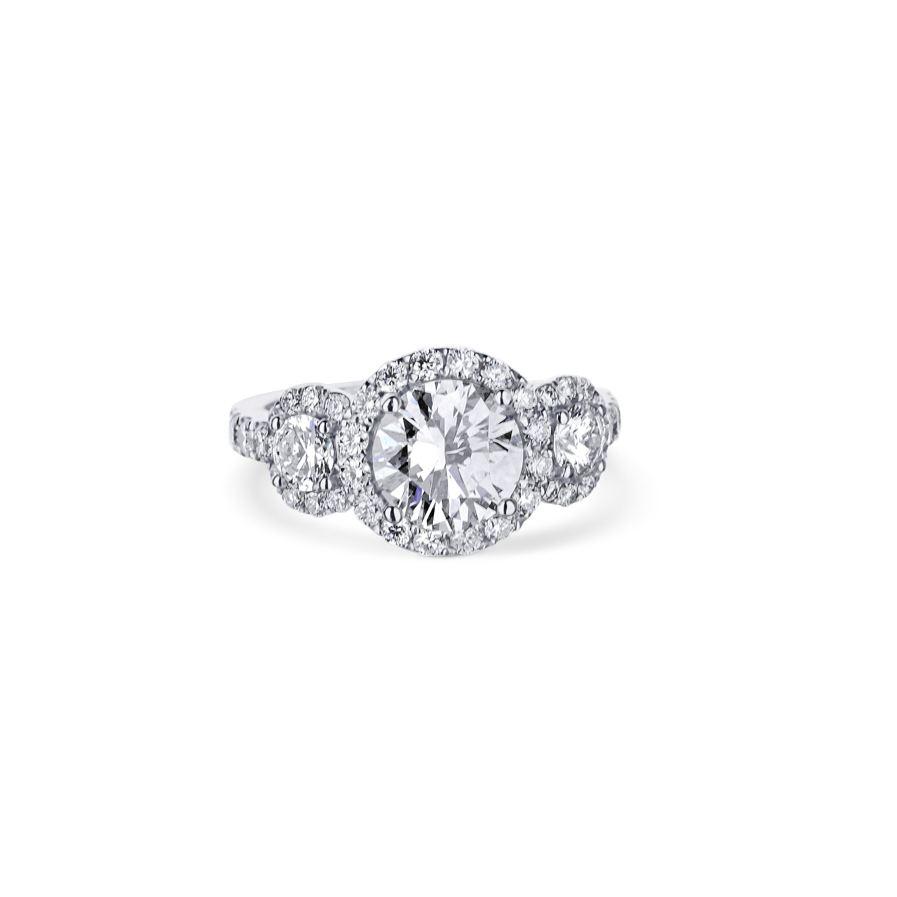 18K White Gold 3-Stone Diamond Halo Engagement Ring