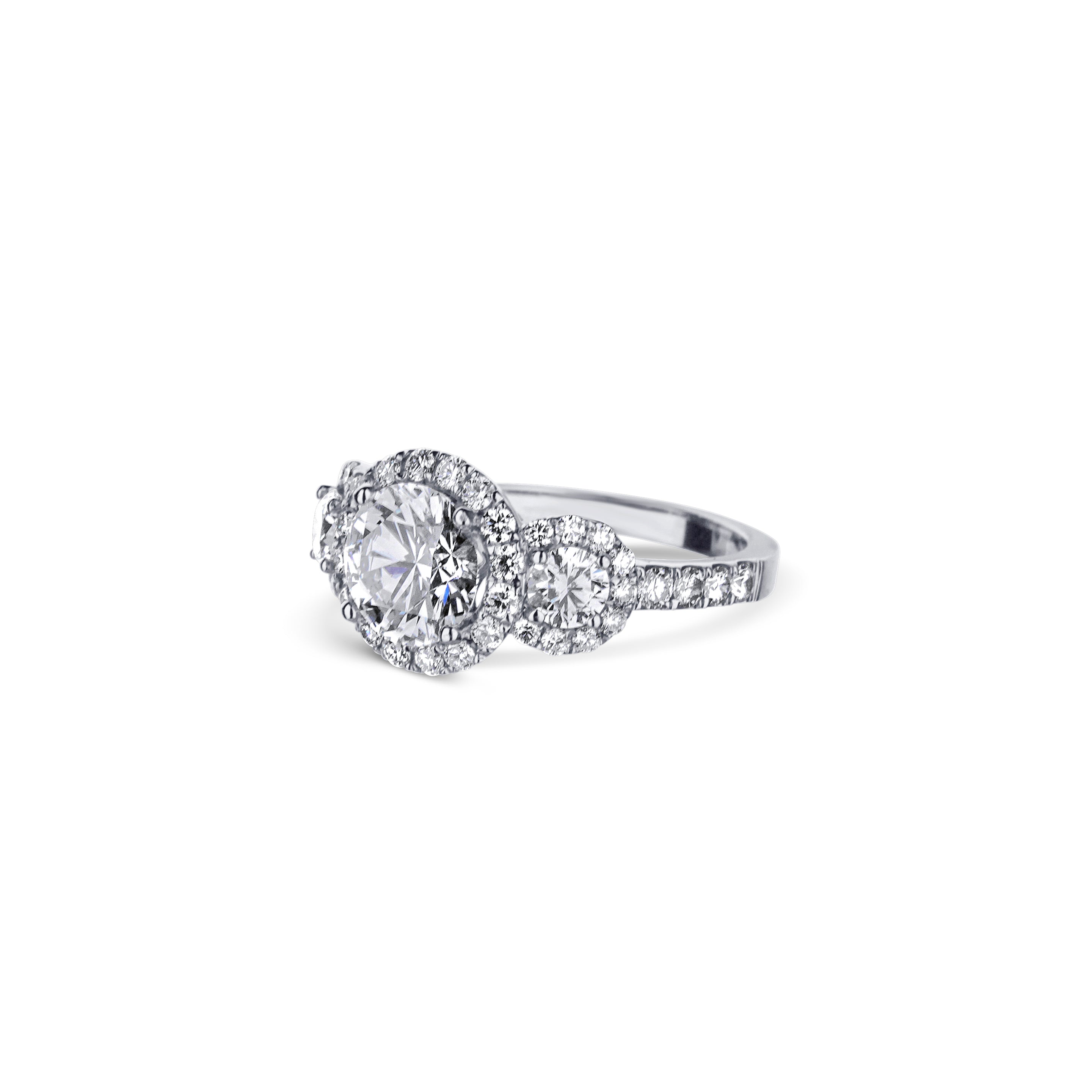18K White Gold 3-Stone Diamond Halo Engagement Ring