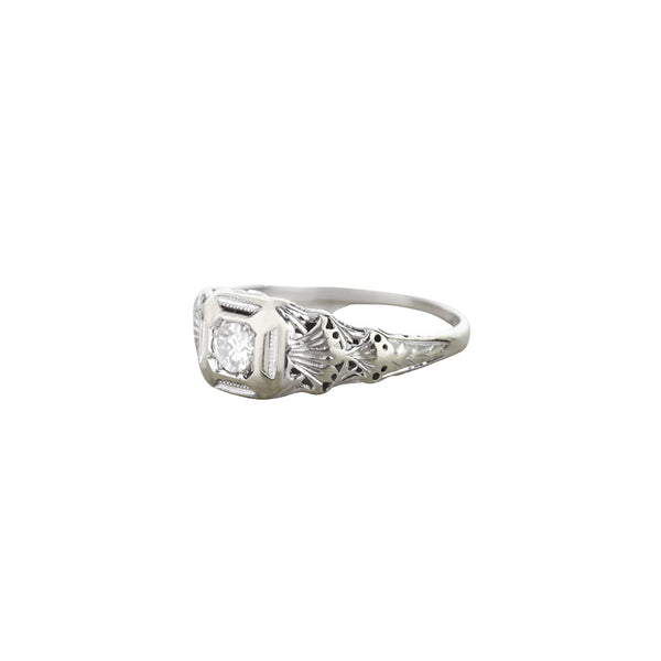 18k White Gold Solitaire Hand Engraved Engagement Ring