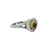 18K Platinum Heart Shape Fancy Brown Yellowish Green Diamond Ring With Halo