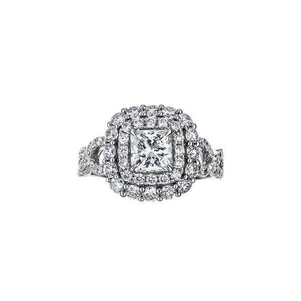 18K White Gold Radiant Cut Diamond Engagement Ring With Twisted Shank And Double Halo