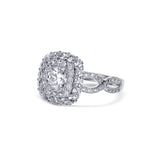 18K White Gold Radiant Cut Diamond Engagement Ring With Twisted Shank And Double Halo