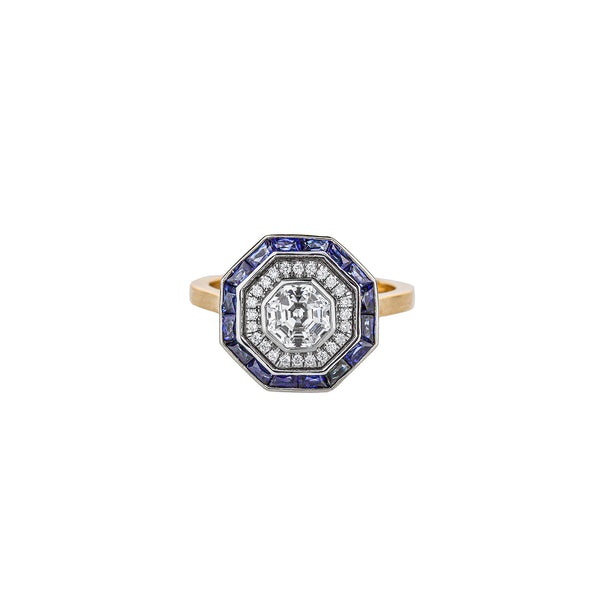 Opulent Octagonal Diamond And Blue Sapphire Engagement Ring