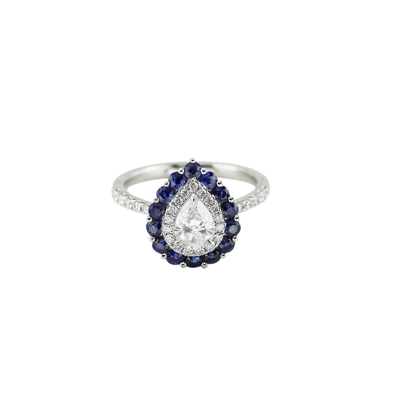Fabulous Pear Cut Diamond Ring With Blue Sapphire And White Diamond Halos