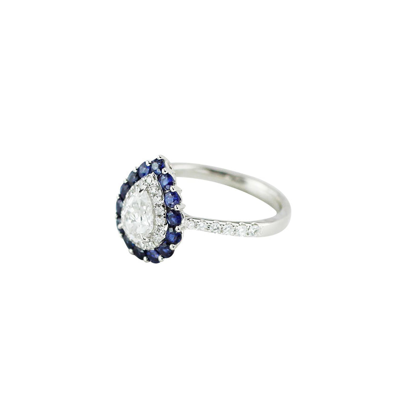 Fabulous Pear Cut Diamond Ring With Blue Sapphire And White Diamond Halos