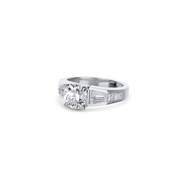 Platinum Round Diamond And Baguette Diamond Engagement Ring