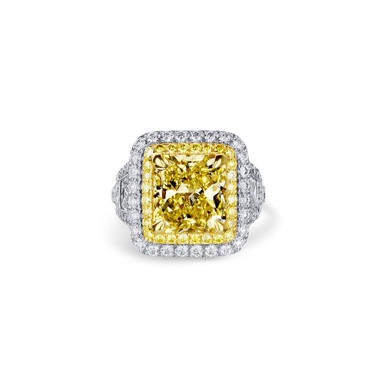 Radiant Fancy Yellow Diamond Engagement Ring With Trapezoids