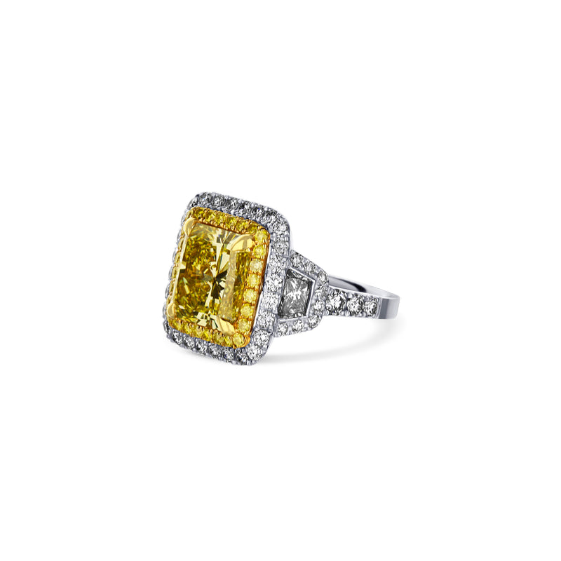 Radiant Fancy Yellow Diamond Engagement Ring With Trapezoids