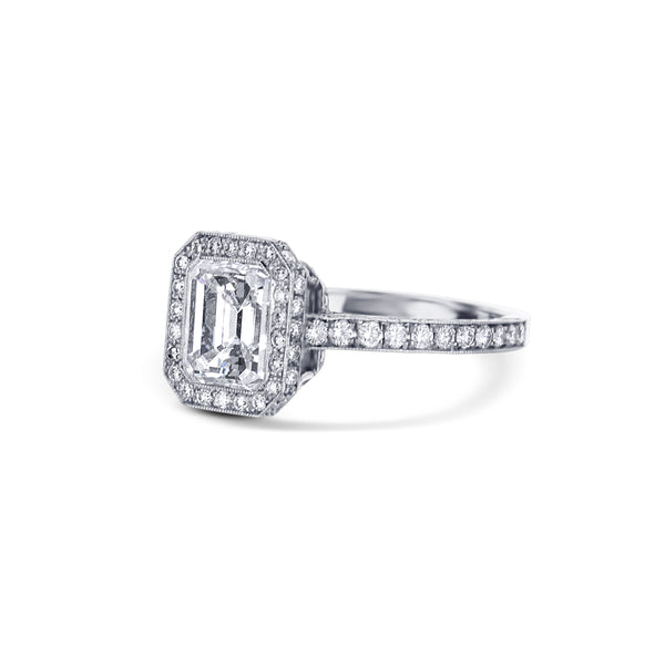 Platinum Emerald Cut Diamond Halo Engagement Ring