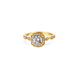 18K Yellow Gold Round Diamond Engagement Ring With Halo And Scallop Shank