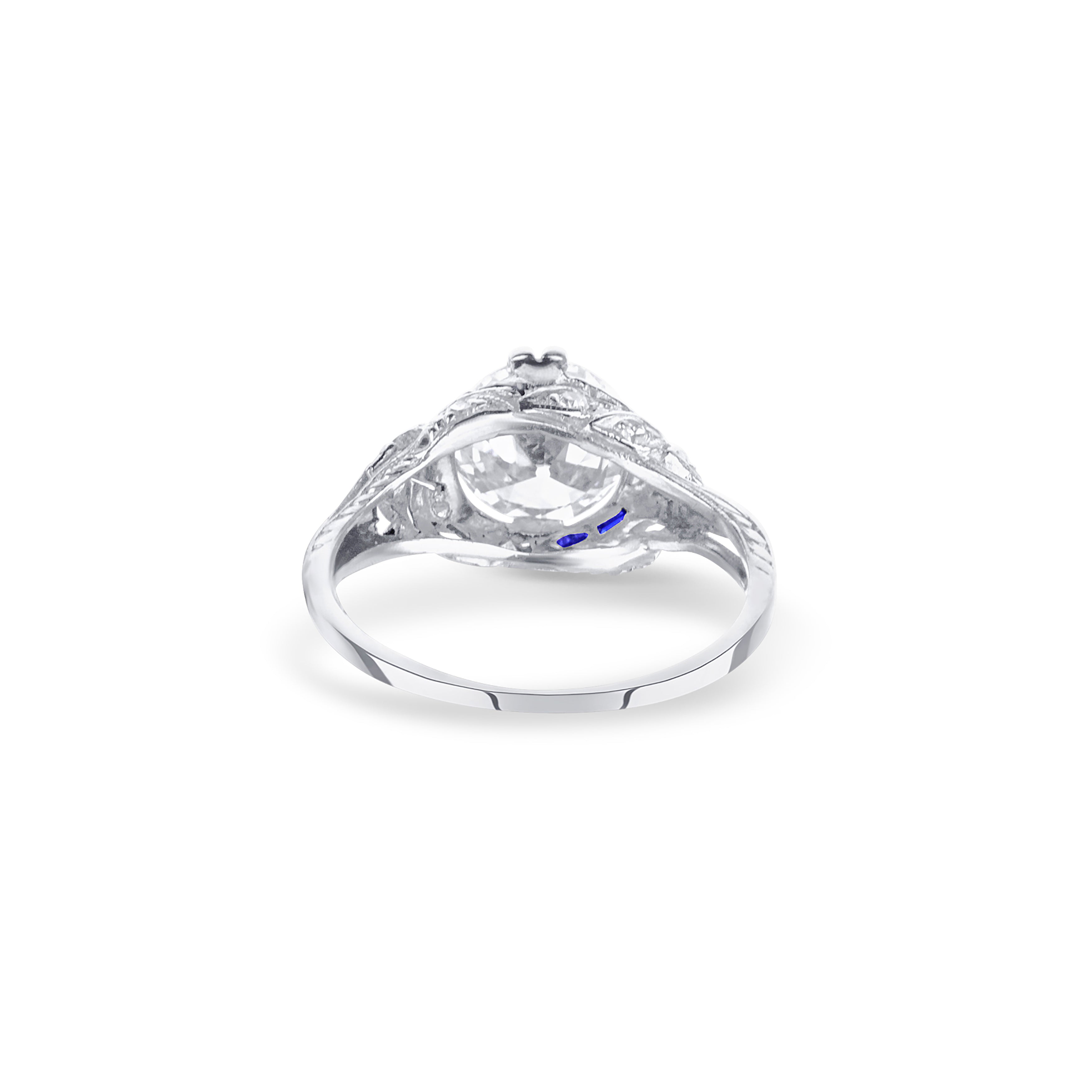 Art Deco Style Diamond Engagement Ring In Platinum With Blue Sapphire Detailing