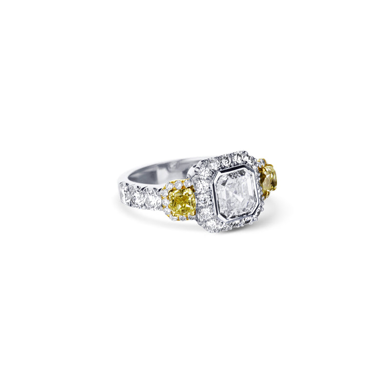 Platinum Emerald Cut Diamond Engagement Ring With Cushion Side Yellow Diamond And Halo