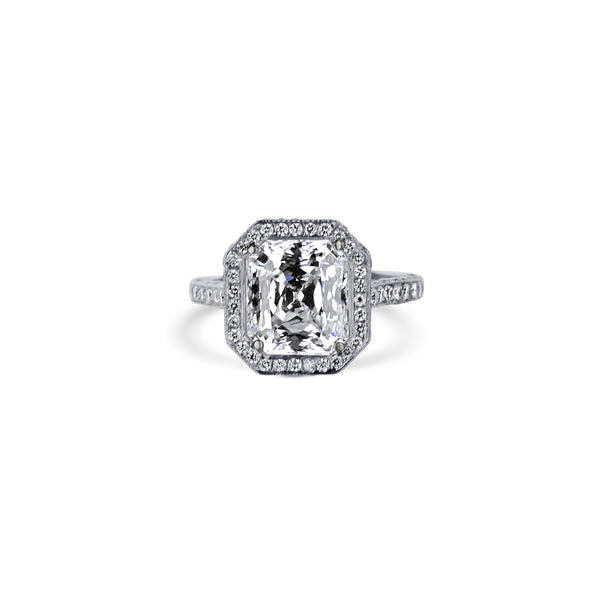 Platinum Cut Cornered Rectangular Brilliant Cut Diamond Halo Engagement Ring