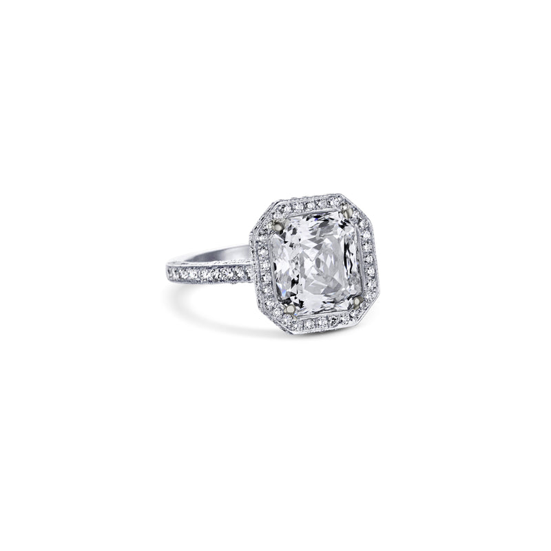 Platinum Cut Cornered Rectangular Brilliant Cut Diamond Halo Engagement Ring