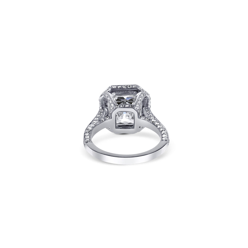 Platinum Cut Cornered Rectangular Brilliant Cut Diamond Halo Engagement Ring