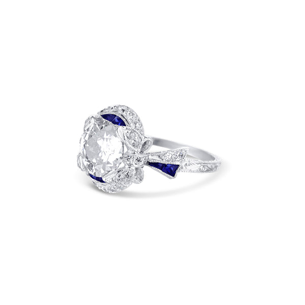 Art Deco Style Diamond Platinum Round Single Cut Diamond Blue Sapphire Custom Made