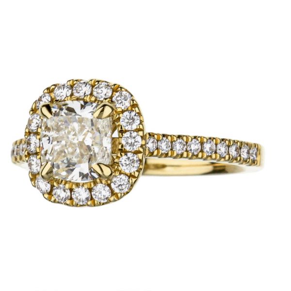18K Yellow Gold Cushion Cut Diamond Halo Engagement Ring