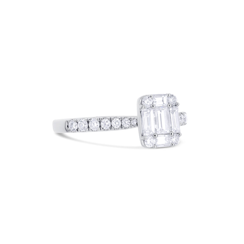 18K White Gold Emerald Cut Diamond Ring With Half Eternity Band