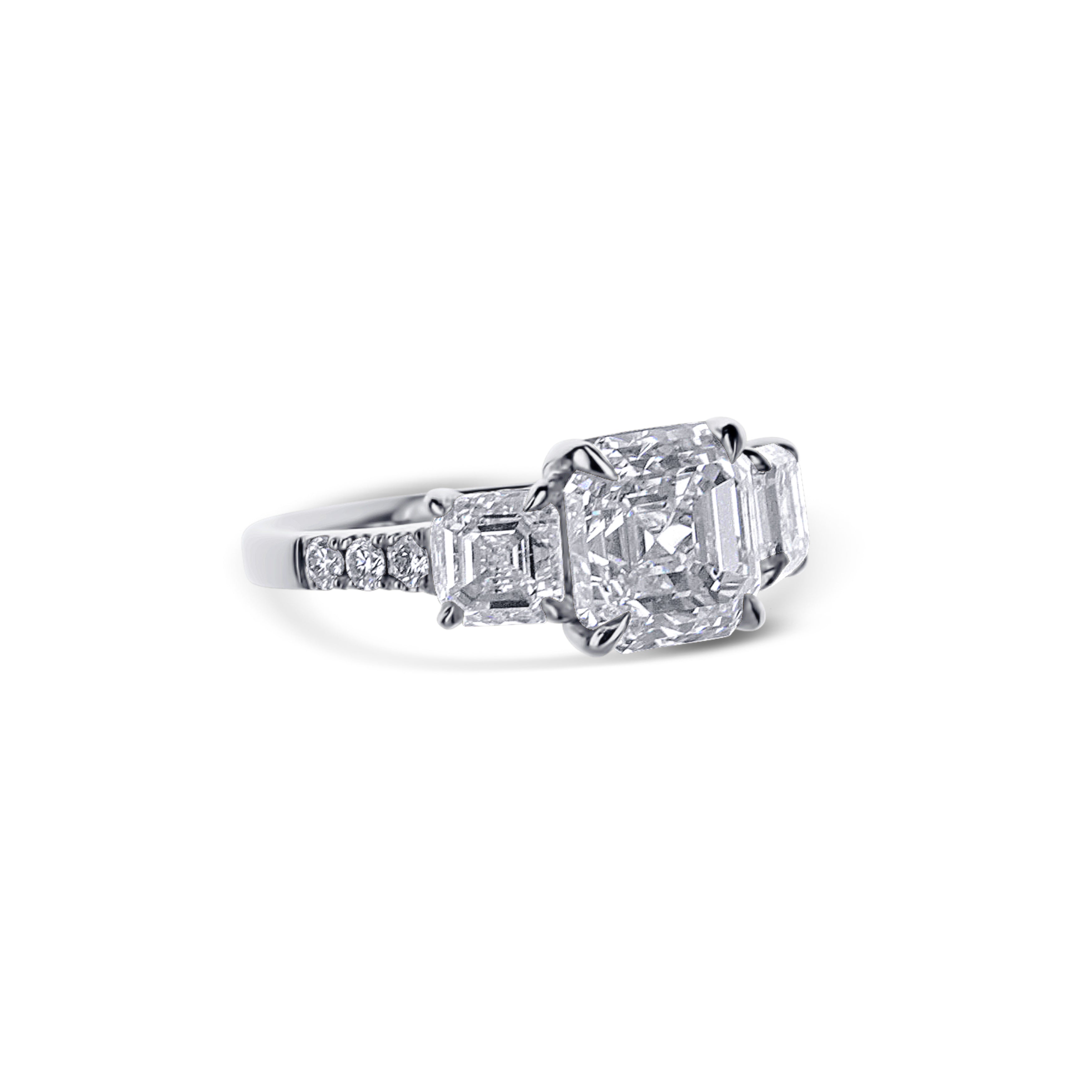 Platinum Three Stone Square Asscher Cut And 2 Accent Asscher Cut Diamond Engagement Ring