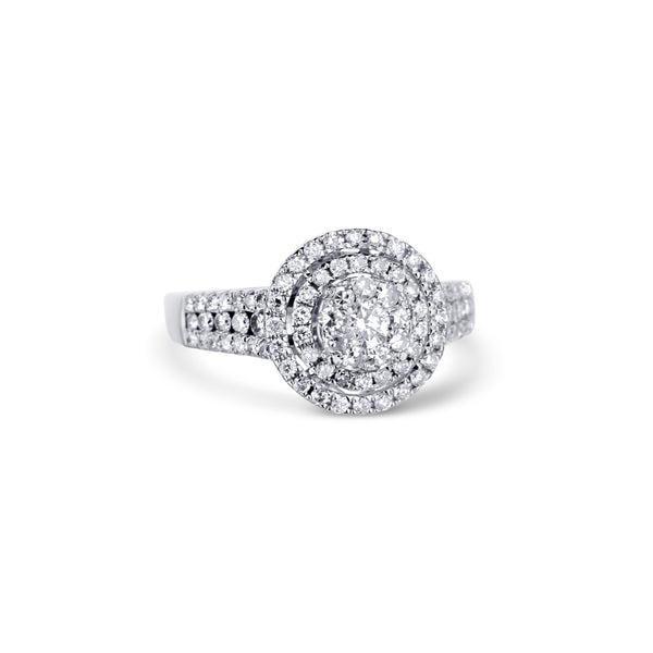 14K White Gold Double Halo Diamond Ring With Half 3 Row Diamond Shank