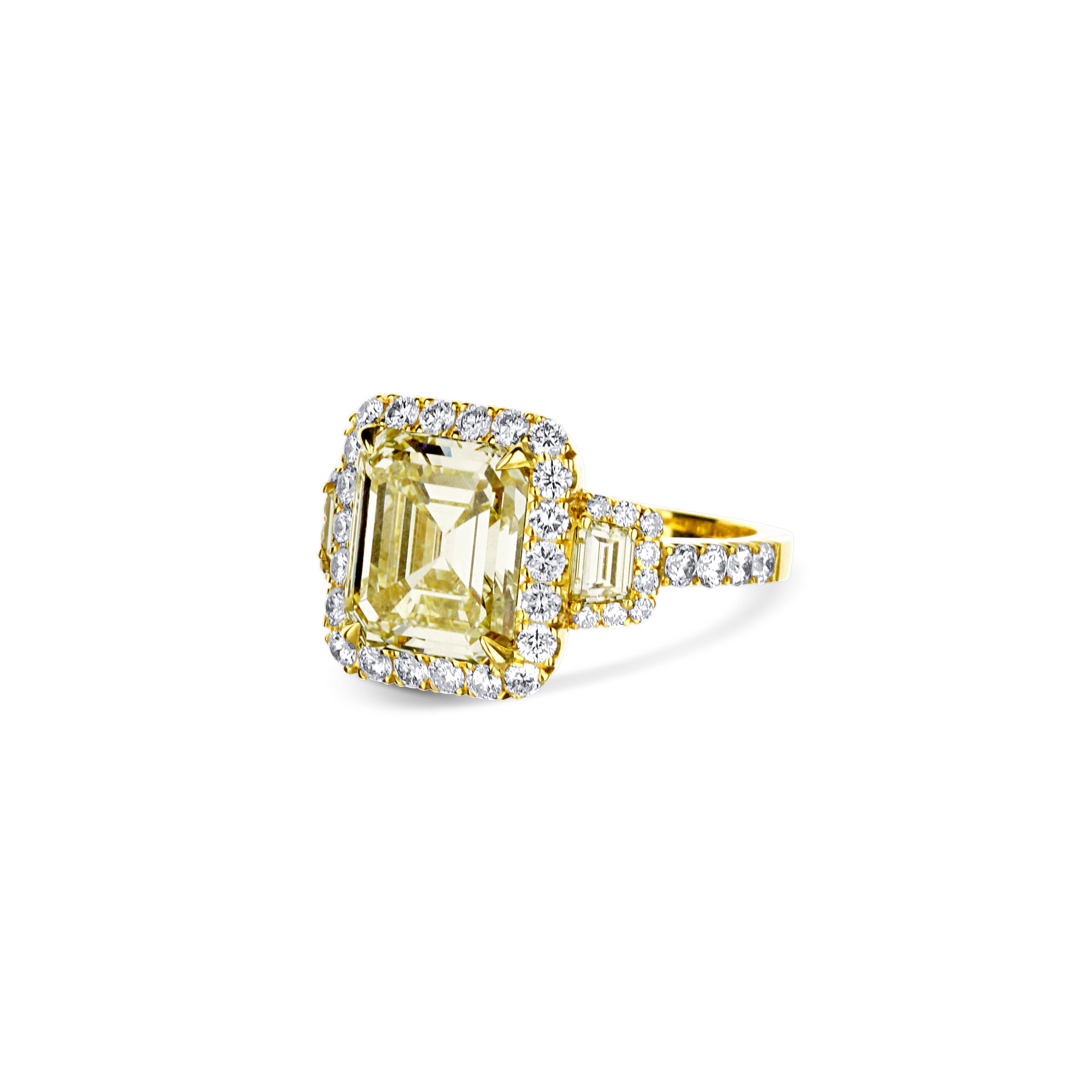 18K Yellow Gold Step Cut Engagement Ring With Cushion Side Stones And Halo
