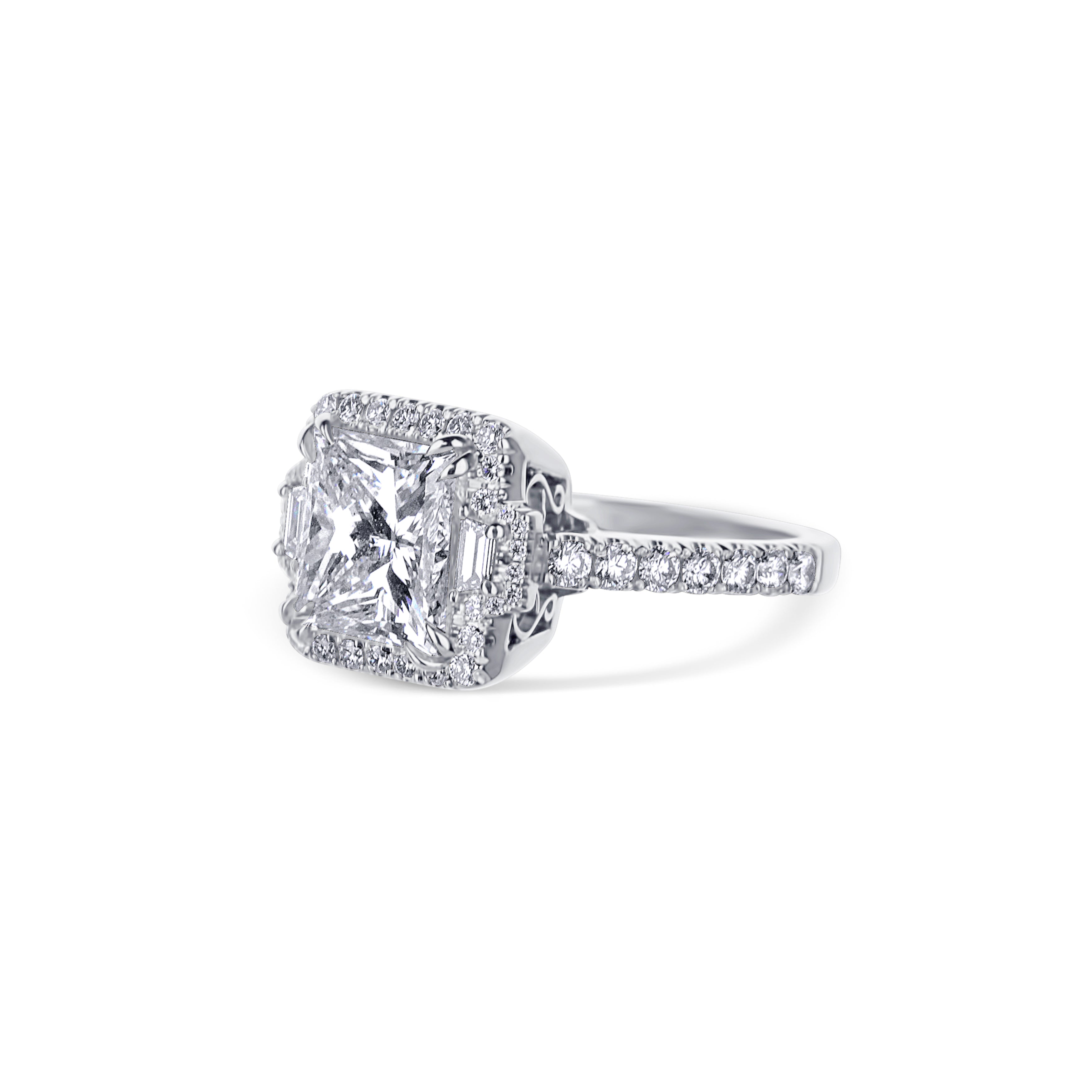 Platinum Square Modified Brilliant 4.01Ct Gia I/Vs1, With Trapezoid Side Stones & Halo Engagement Ring