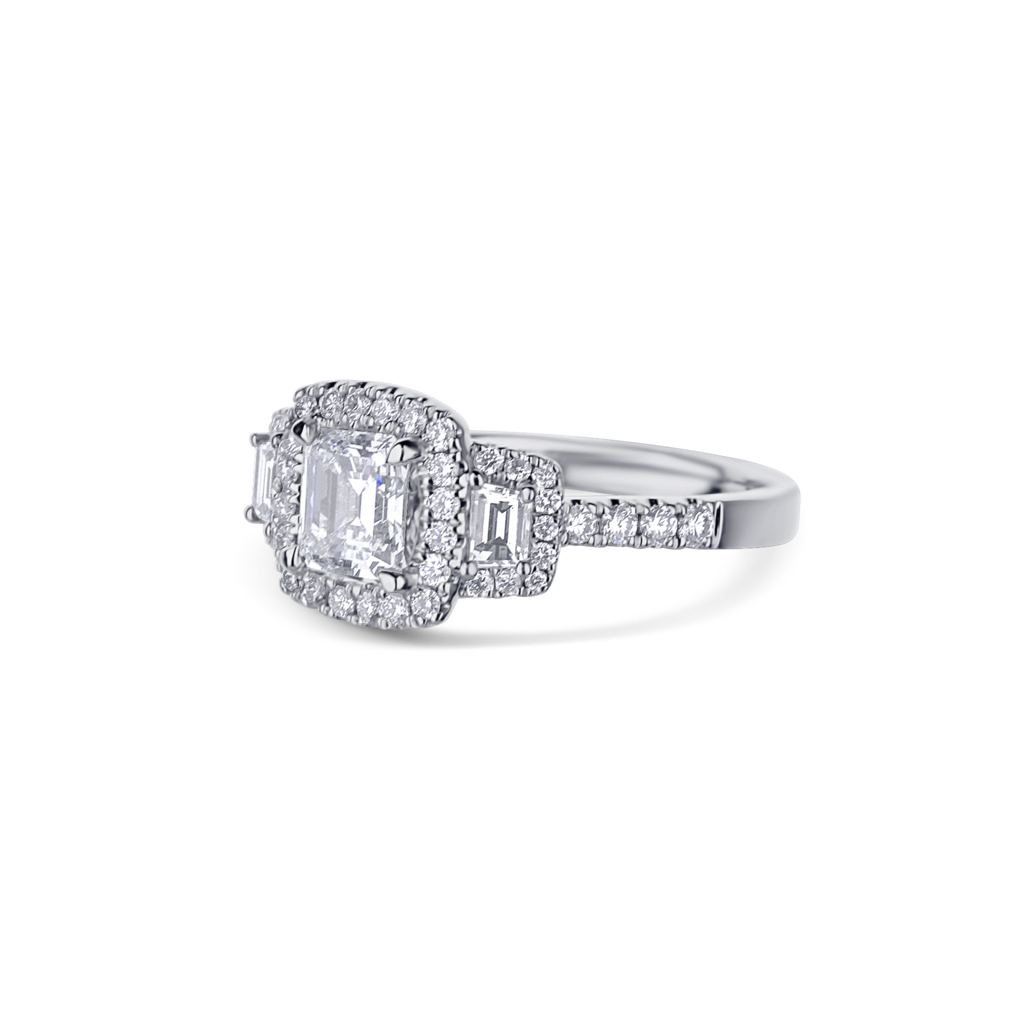 18K White Gold Three Stone Emerald Cut Diamond Engagement Ring With Halo & Diamonds In Side Shank