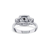 18K White Gold Three Stone Emerald Cut Diamond Engagement Ring With Halo & Diamonds In Side Shank