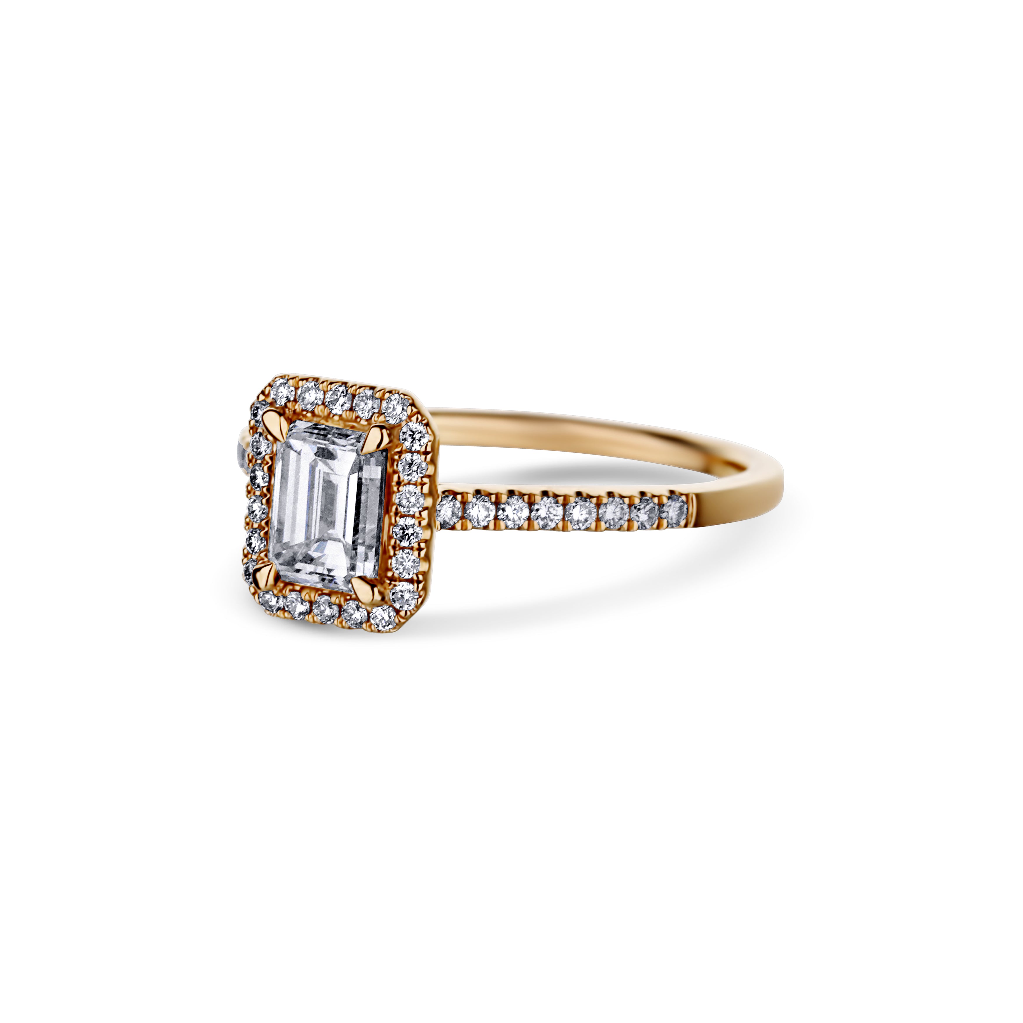 18K Rose Gold With A 0.77 Carat Emerald Cut Diamond Ring With Halo