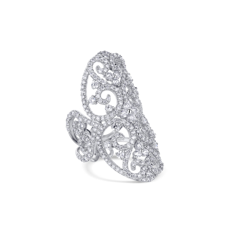 18K White Gold And Round Diamond Scroll Style Ring