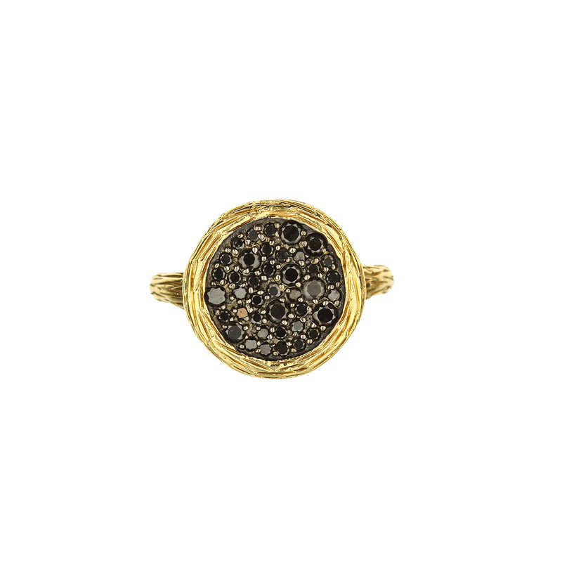 14K Yellow Textured Gold Black Diamond Disk Ring