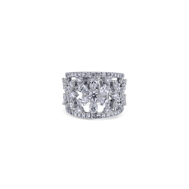 18K White Gold Diamond Three Flower Ring