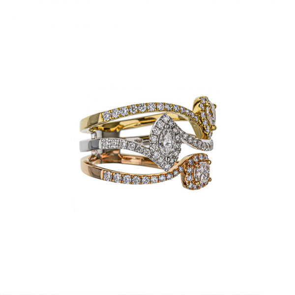 18K Tri-Color Gold Wide Swirl Design Diamond Half Band