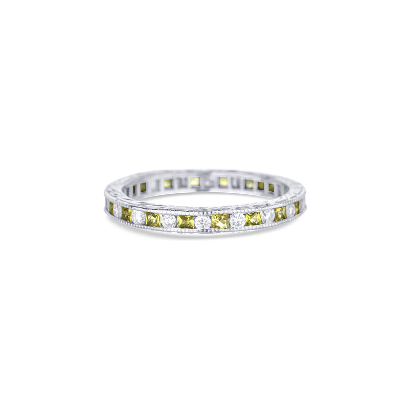 18K Hand-Engraved White Gold Round White Diamond & Yellow Sapphire Eternity Band