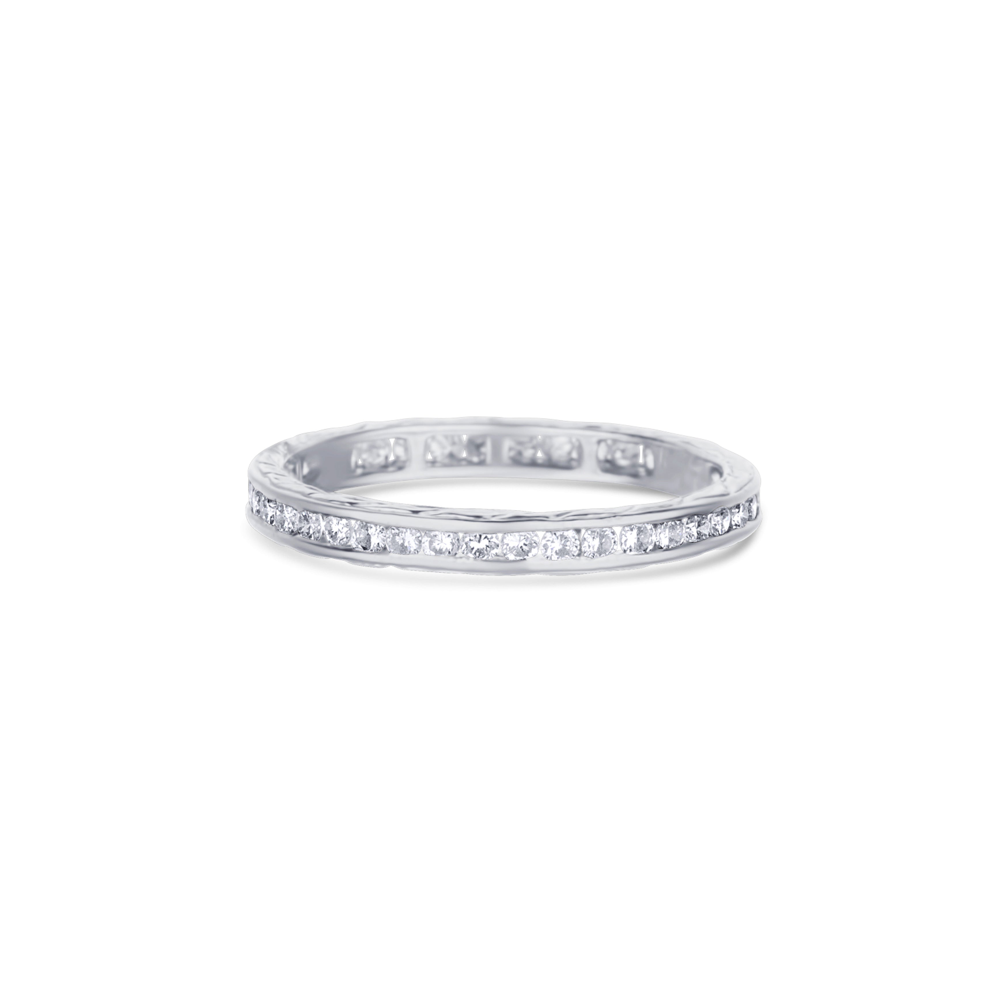 18K White Gold Hand-Engraved Round Diamond Eternity Band