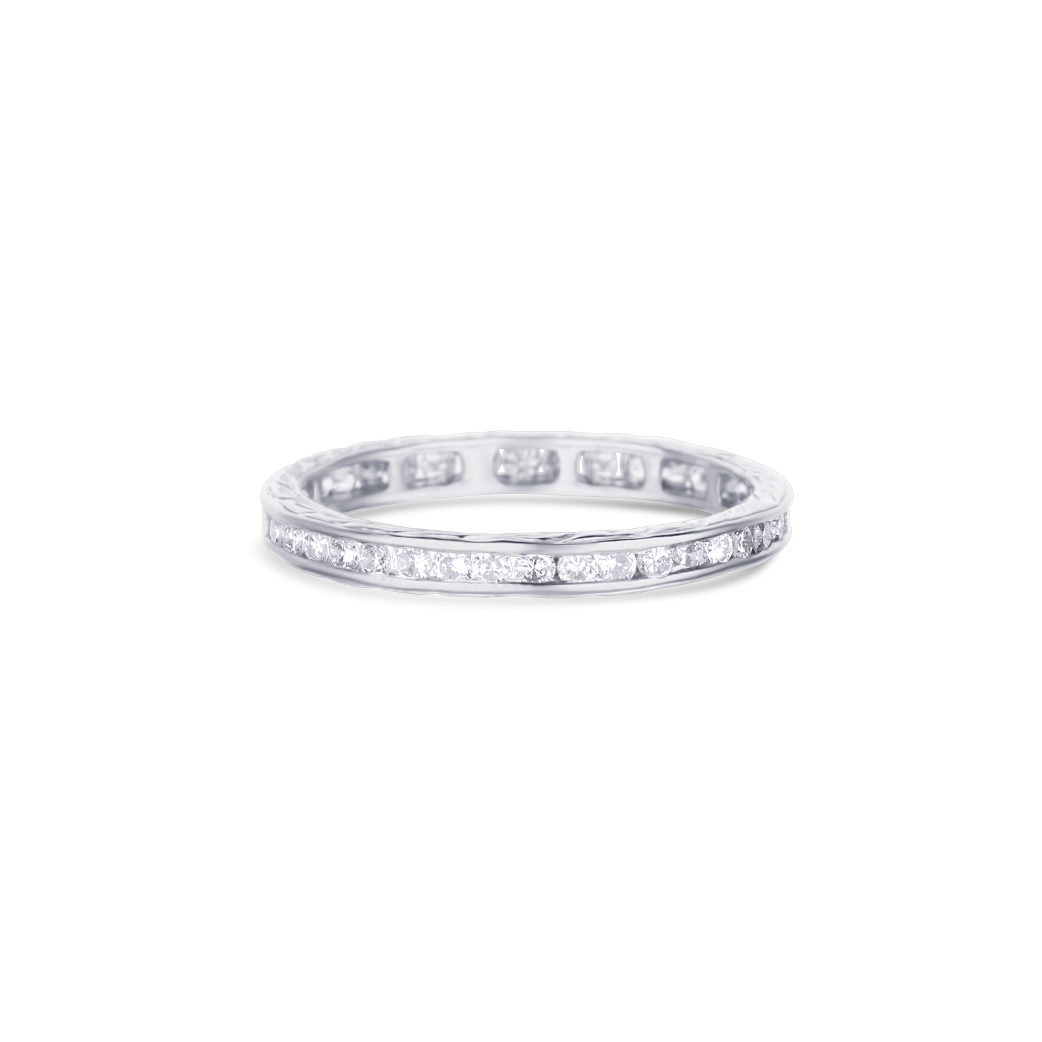 18K White Gold Hand-Engraved Round Diamond Eternity Band