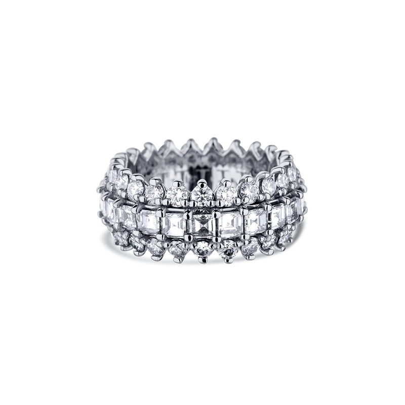 14K White Gold 3 Row Round And Step Cut Diamond Eternity Band