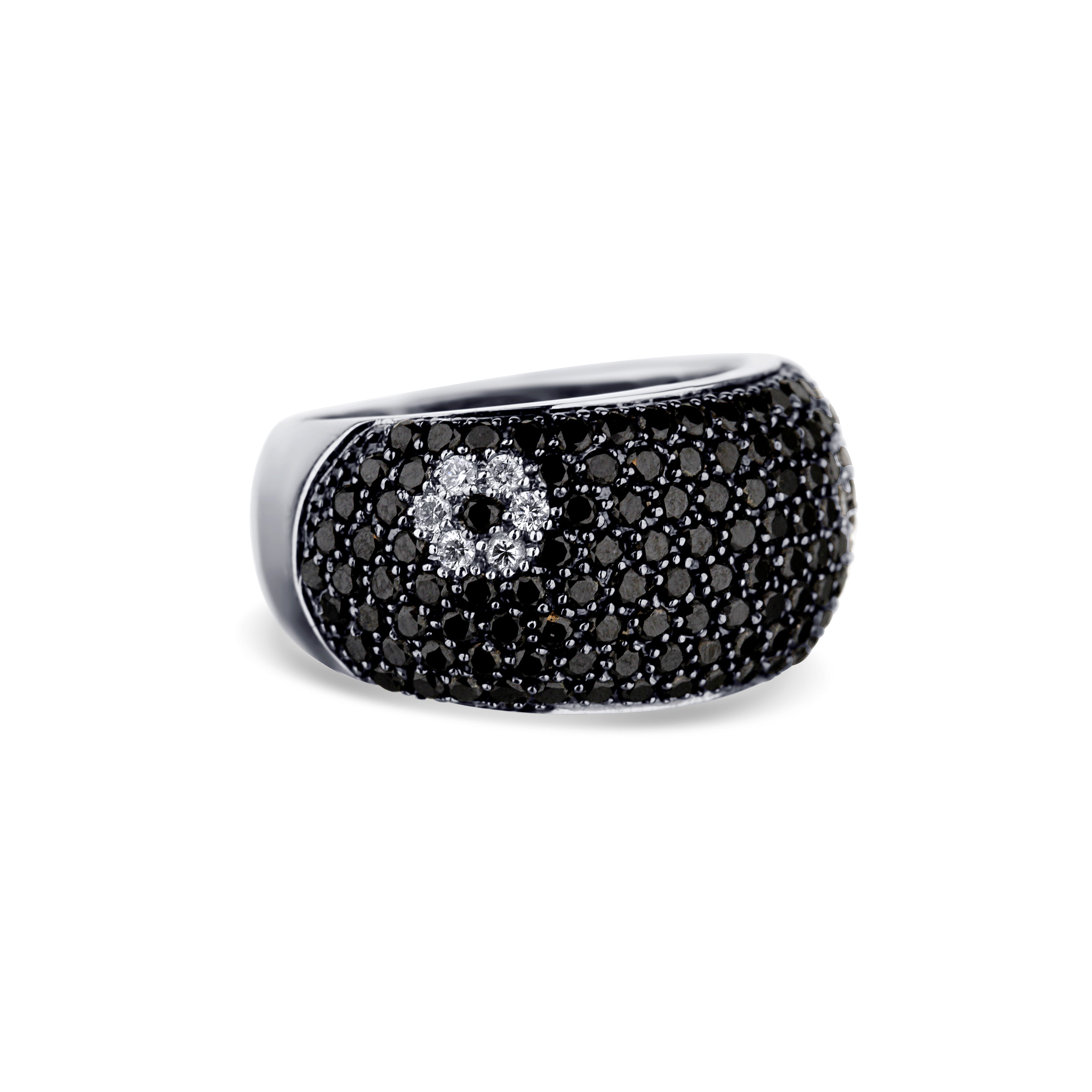 Black Diamond Flower Design Wide Band Ring